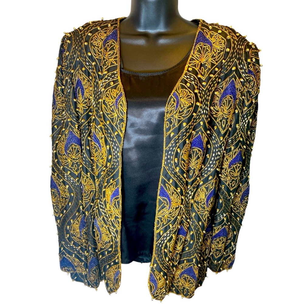 Parisian Room Gold beaded/ Glass beads Embroidered 100% Silk Jacket L VINTAGE